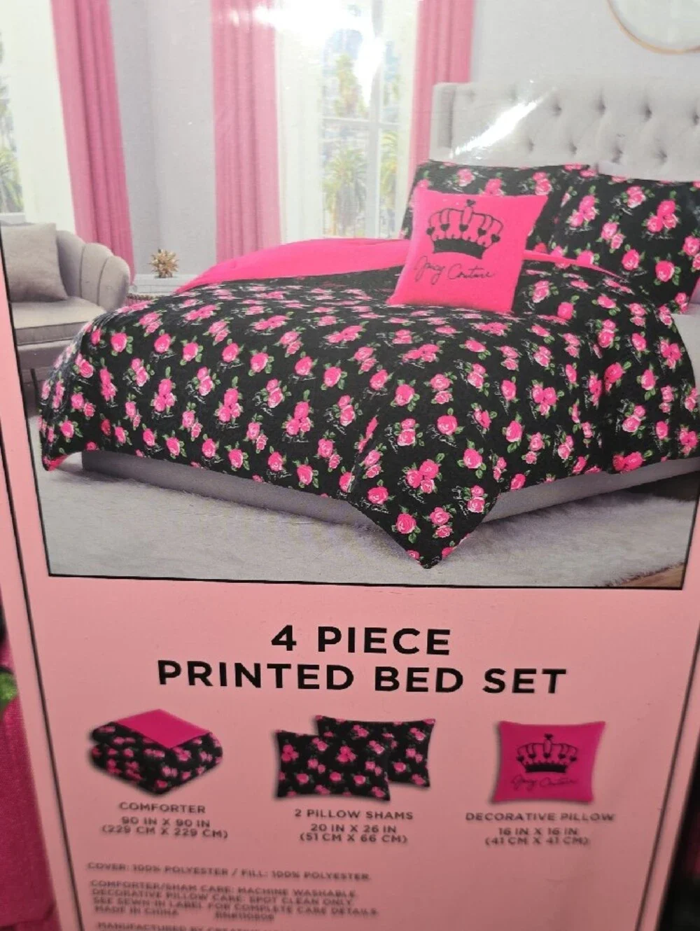 Juicy Couture Black Comforter Set with Pink Rose Print